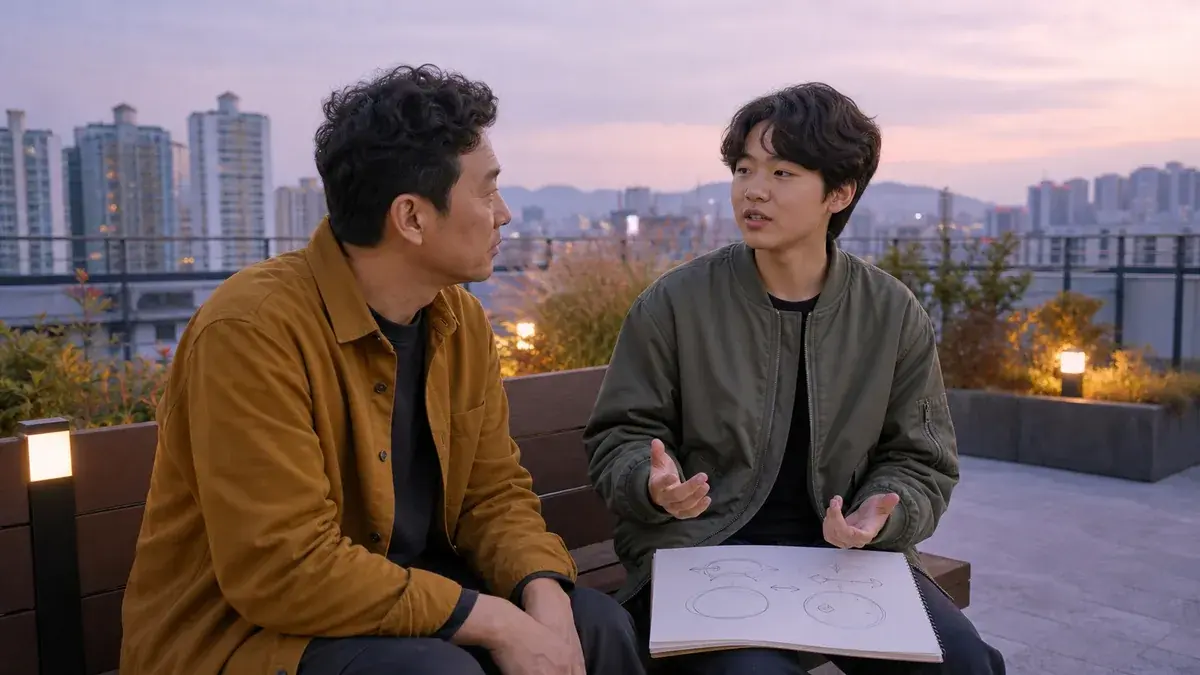 보호자와 청소년이 야외에서 청소년 오디션 지원 전 아이의 의사를 차분히 나누는 모습