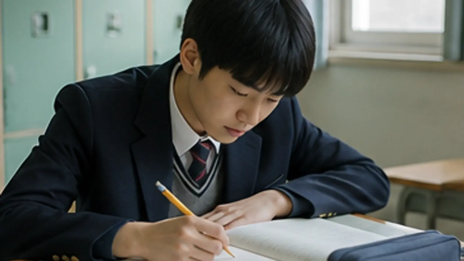 보호자와 청소년이 현관 작업 공간에서 청소년 오디션 지원 전 개인정보 폴더를 확인하는 모습