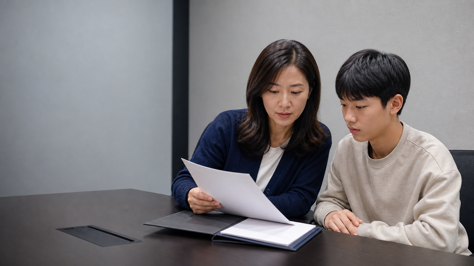 보호자와 청소년이 아역 배우 오디션 후 전속계약 제안서를 함께 확인하는 모습