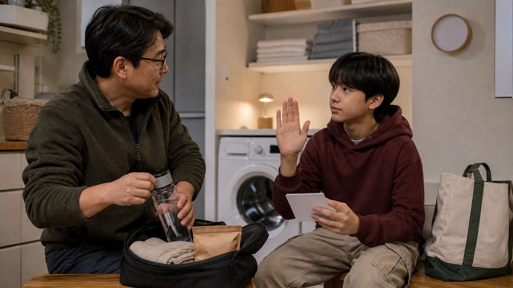 보호자와 청소년이 청소년 오디션 전 휴식 신호와 보호자 동행 준비물을 함께 확인하는 모습