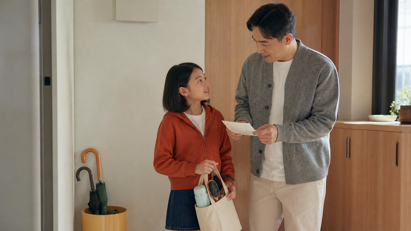 보호자와 어린이가 현관에서 아역 촬영 전 준비물과 참여 의사를 함께 확인하는 모습