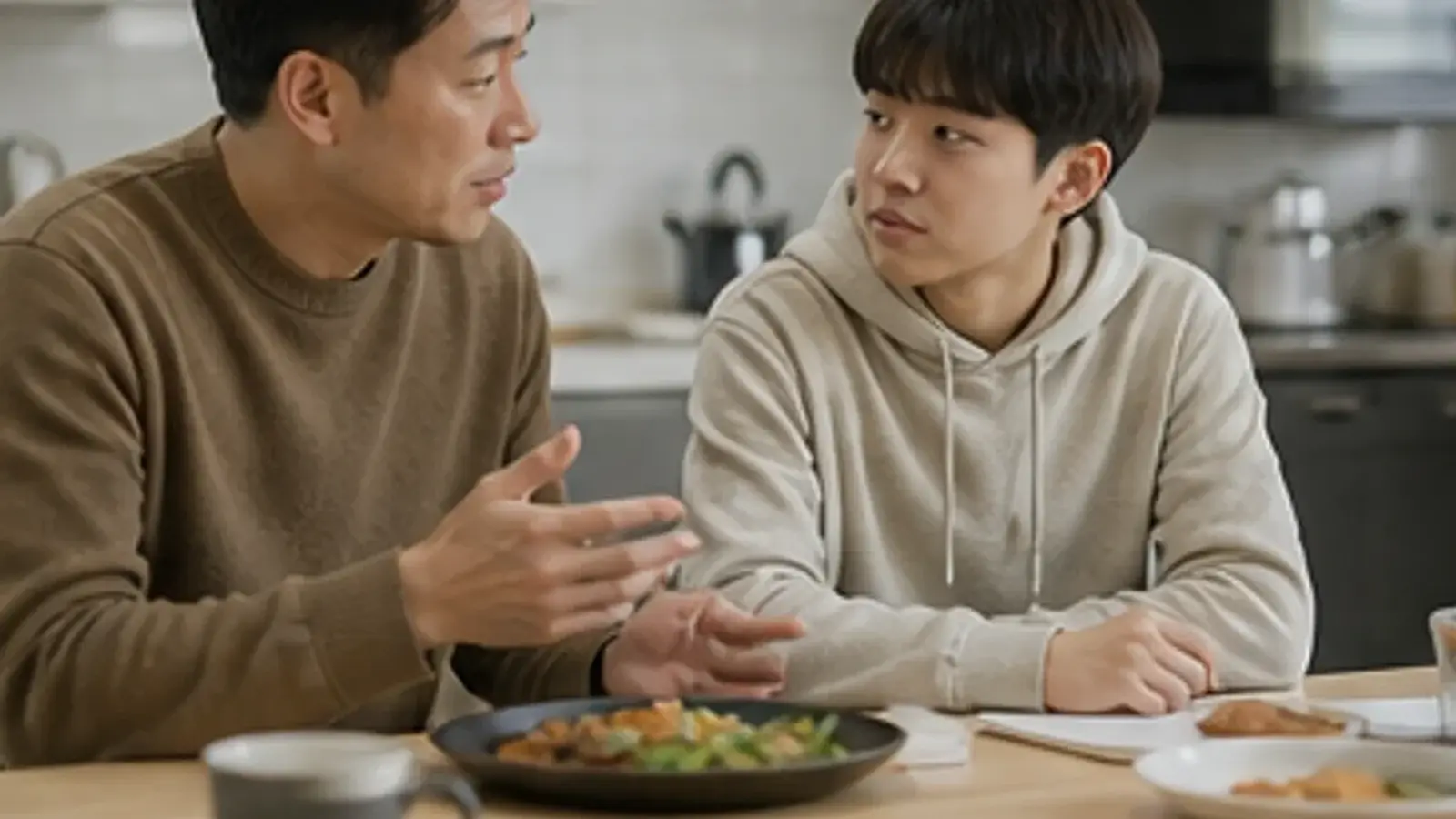 보호자와 어린이가 키즈모델 오디션 전 아이 방에서 편한 바지와 여벌 옷을 점검하는 모습