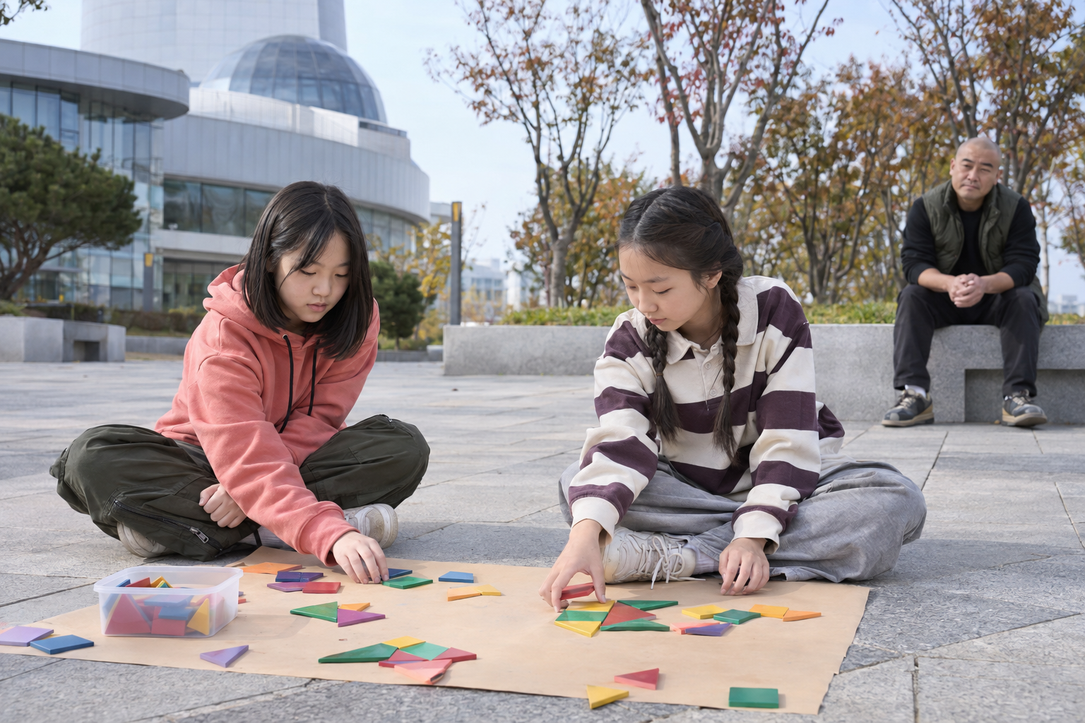 친구 갈등 뒤 작은 공동 활동으로 다시 연결해 보는 어린이들과 거리를 두고 지켜보는 보호자