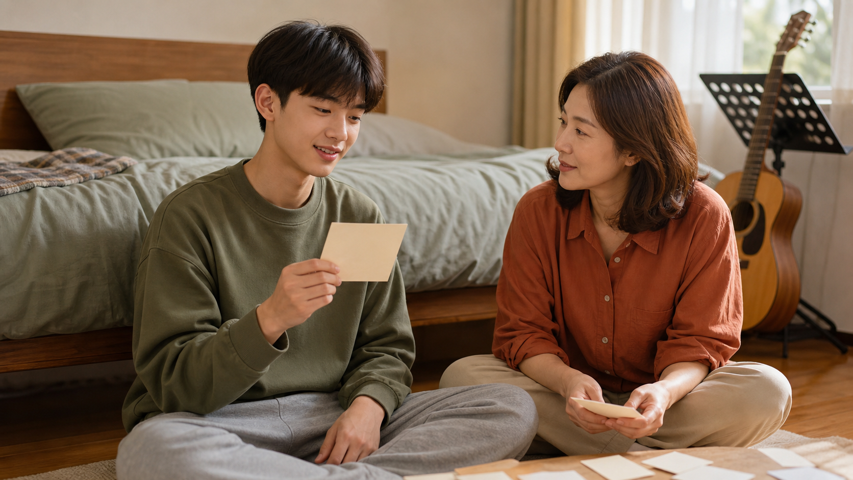 보호자와 청소년이 방에서 청소년 오디션 전 자기소개 카드로 가볍게 연습하는 모습