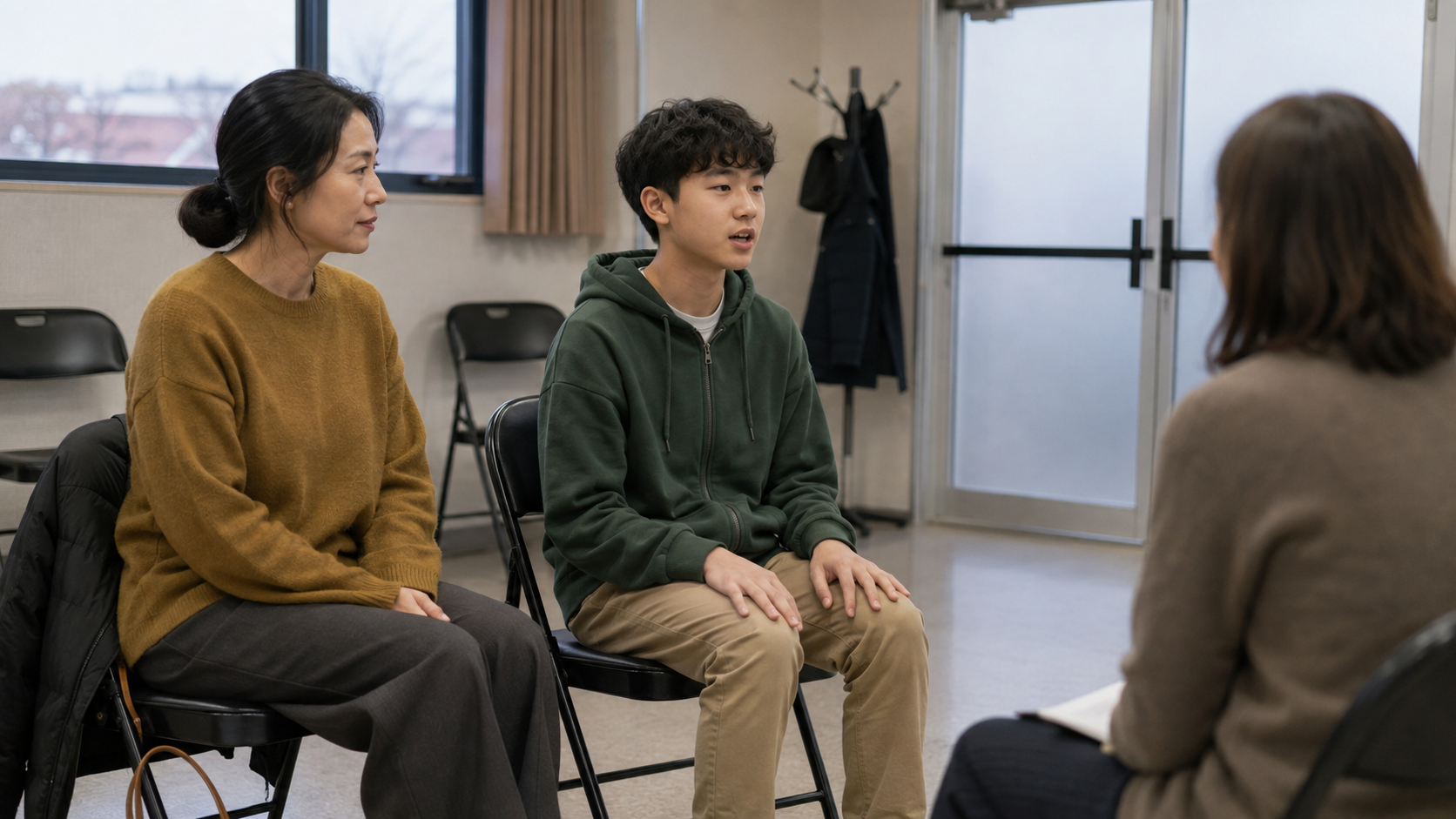 보호자와 청소년이 청소년 오디션 전 낯선 어른 앞에서 말하기가 편한지 살펴보는 모습