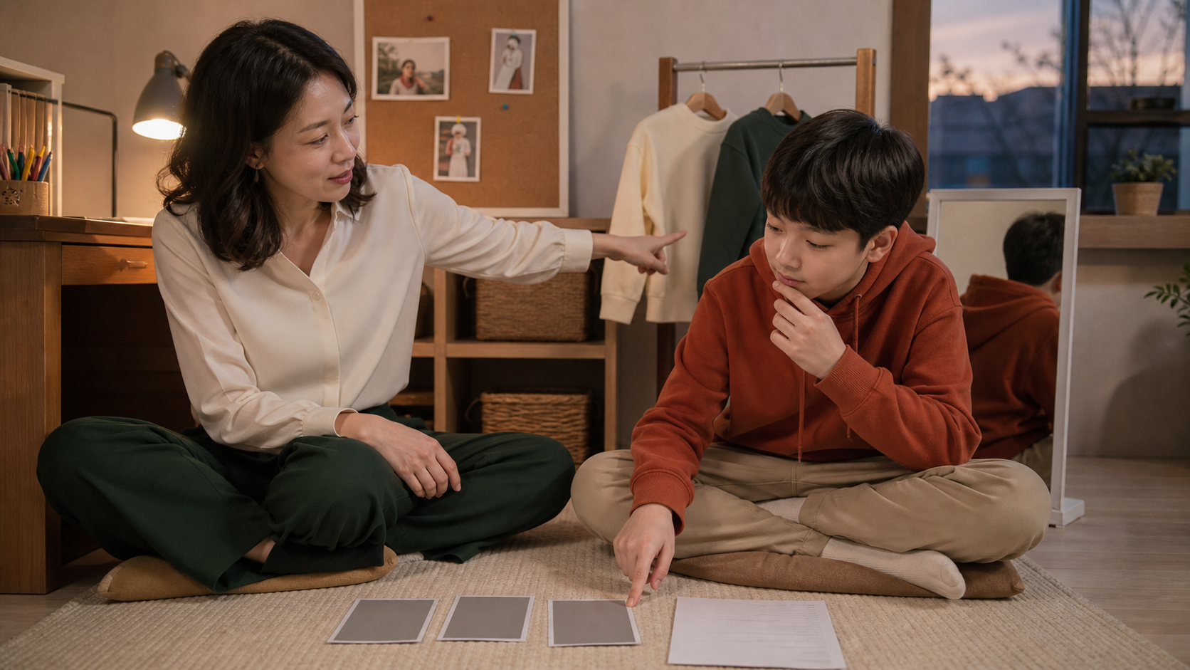 보호자와 청소년이 아이 방에서 키즈모델 오디션 사진 촬영 성향과 보호자 동행 조건을 대화하는 모습
