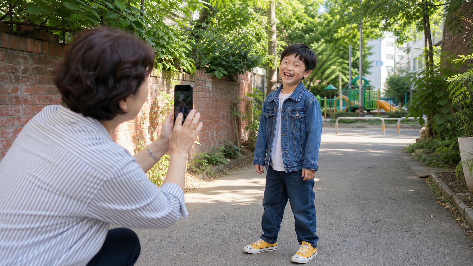 보호자와 어린이가 창가 현관에서 키즈모델 오디션 전 카메라와 편안한 포즈를 함께 살펴보는 모습