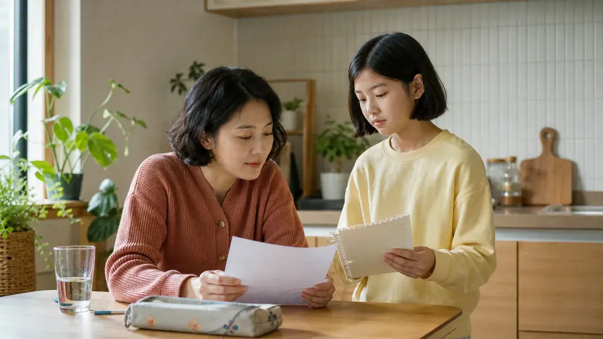 보호자와 청소년이 주방 식탁에서 아역 배우 오디션 준비 목록을 함께 확인하는 모습