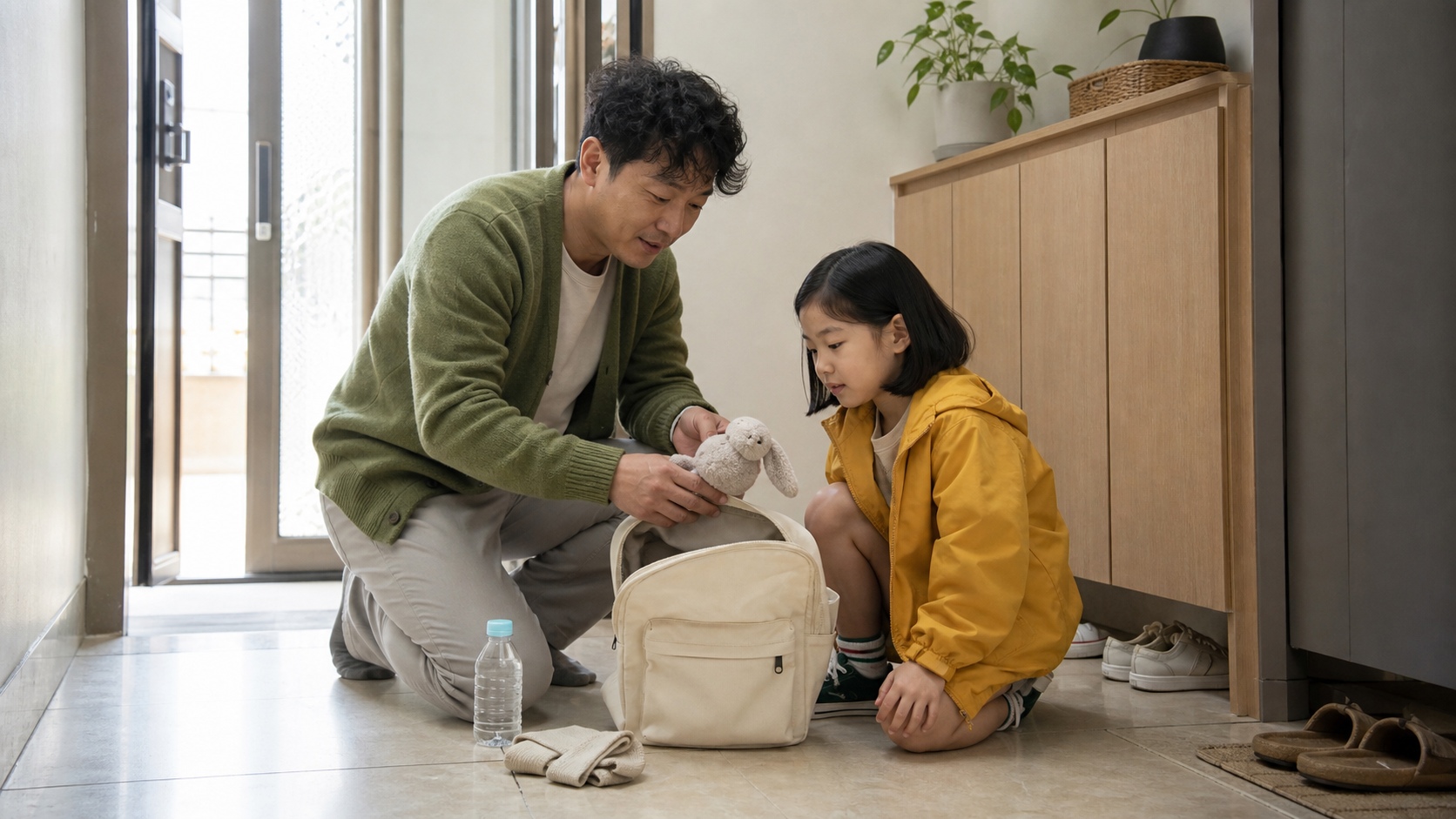 보호자와 어린이가 현관에서 첫 키즈모델 오디션 전 준비 약속을 함께 확인하는 모습