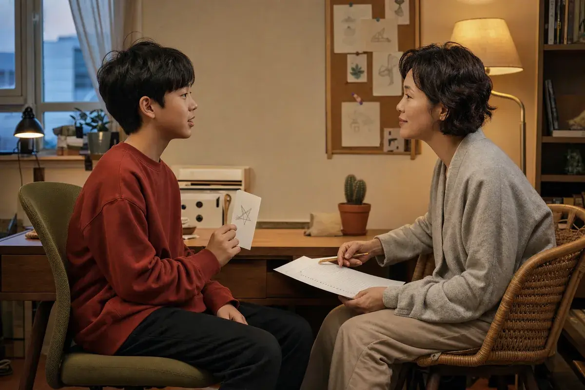 보호자와 청소년이 아이 방 책상에서 청소년 오디션 전 인터뷰 질문 카드를 살펴보는 모습