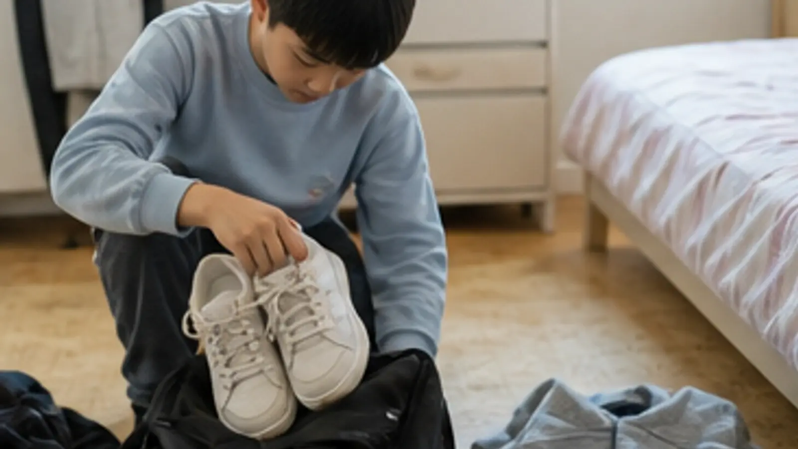 보호자와 청소년이 방에서 청소년 오디션 공고 확인 항목을 카드로 나누어 살피는 모습