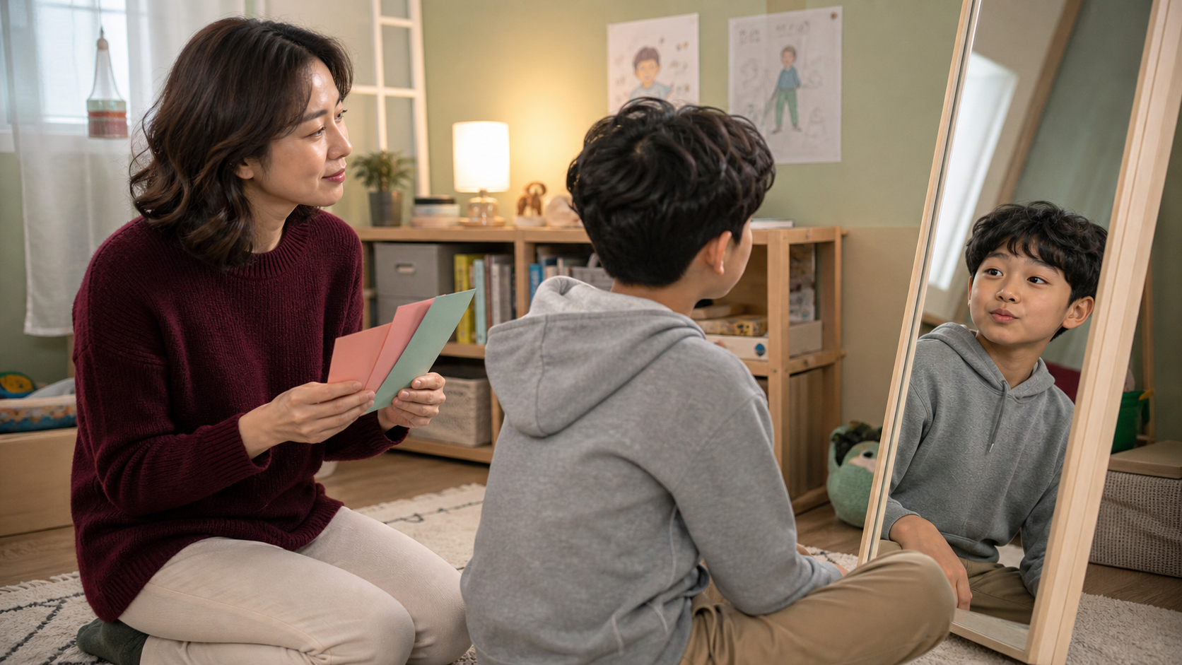 보호자와 어린이가 아이 방 거울 앞에서 아역 배우 오디션 전 표정 연습을 놀이처럼 해보는 모습