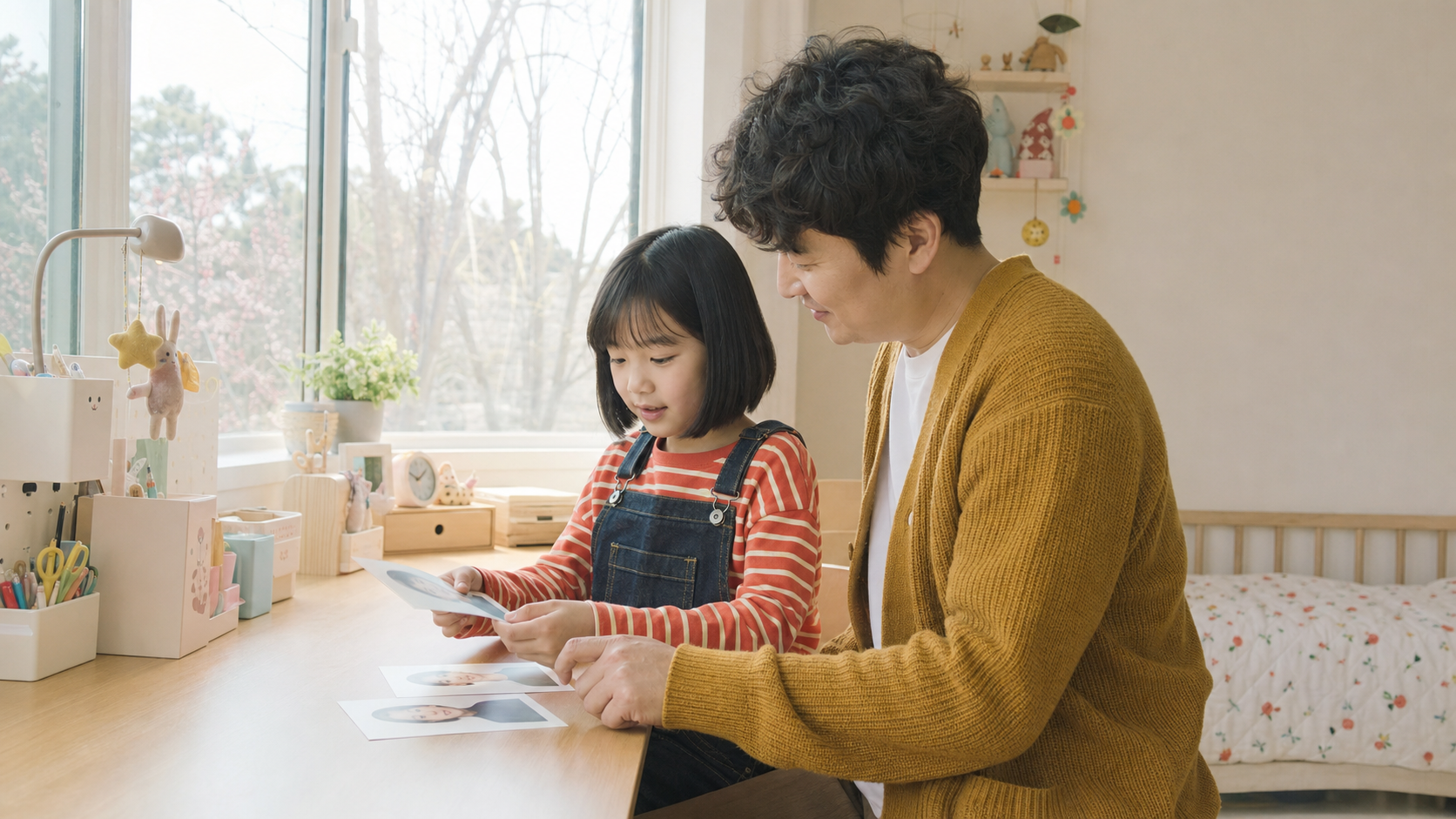 보호자와 어린이가 자연광 창가에서 키즈모델 오디션용 프로필 사진을 함께 살펴보는 모습