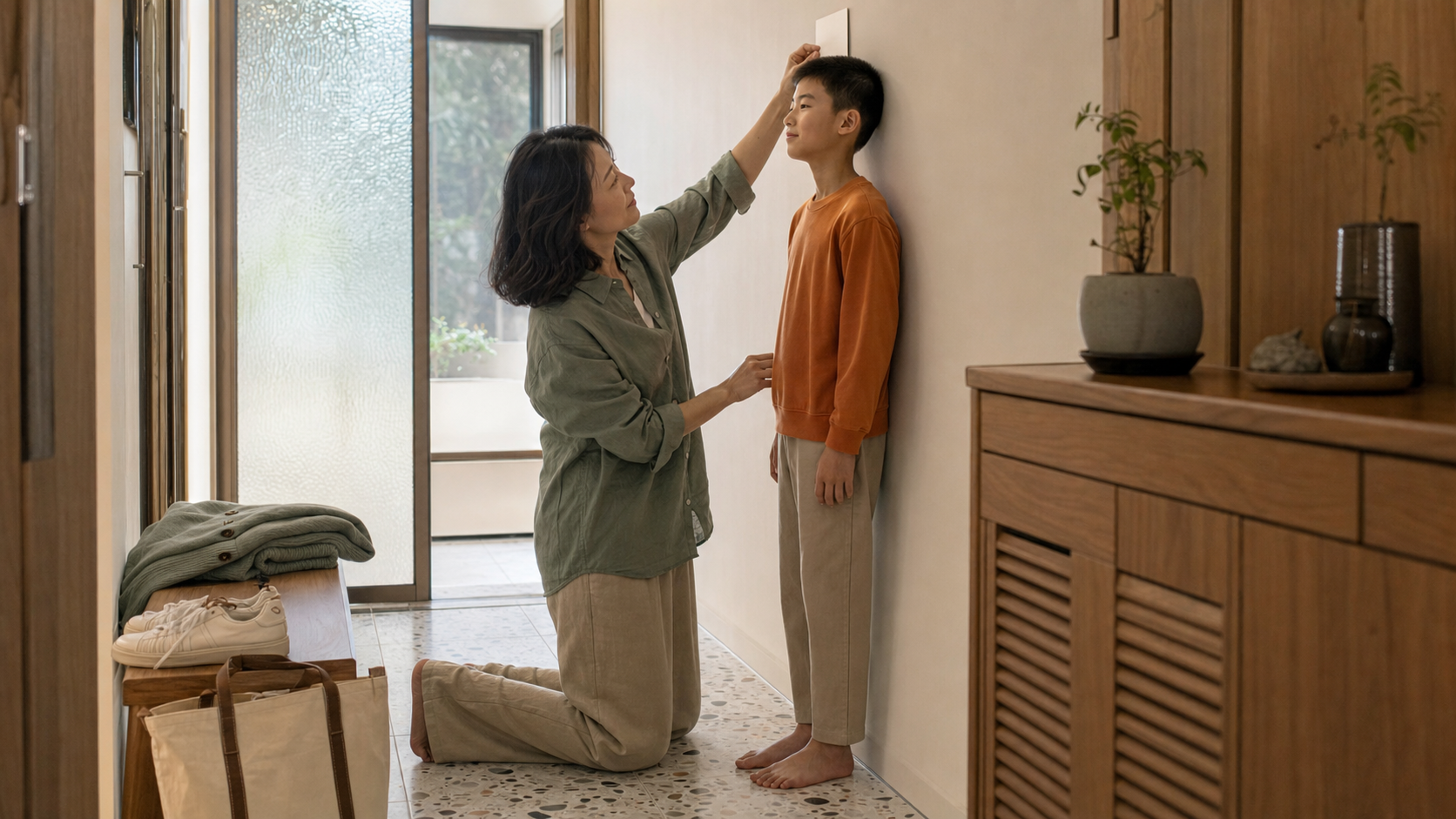 보호자와 어린이가 현관에서 어린이 모델 프로필 사진을 위해 자연스러운 자세를 점검하는 모습